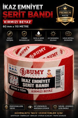 Kırmızı Beyaz Emniyet Şeridi İkaz Bandı (60 mm x 110 METRE) Uyarı Şerit Bantı Güvenlik Alan