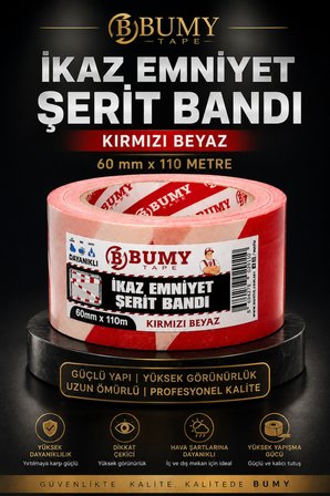 Kırmızı Beyaz Emniyet Şeridi İkaz Bandı (60 mm x 110 METRE) Uyarı Şerit Bantı Güvenlik Alan