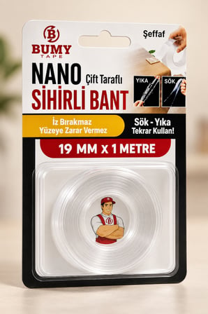2 Adet Çift Taraflı Yapışkanlı Nano Bantı 19 mm x 1 Metre Şeffaf Bant Silikon Duvar Bandı Bantları