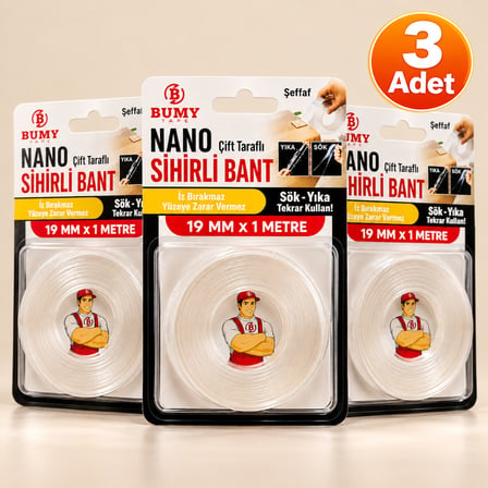 3 Adet Çift Taraflı Yapışkanlı Nano Sihirli Bantı 19mm x 1 MT Şeffaf Silikon Duvar Bandı Sök Kullan