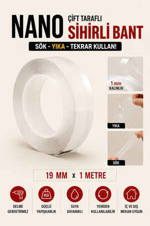 3 Adet Çift Taraflı Yapışkanlı Nano Sihirli Bantı 19mm x 1 MT Şeffaf Silikon Duvar Bandı Sök Kullan