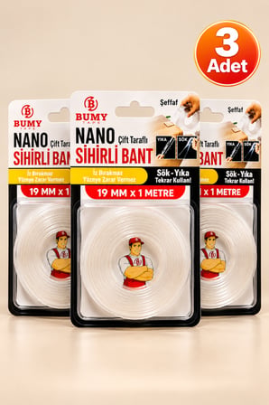 3 Adet Çift Taraflı Yapışkanlı Nano Sihirli Bantı 19mm x 1 MT Şeffaf Silikon Duvar Bandı Sök Kullan