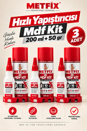 (3 Adet) Metfix Hızlı Yapıştırıcı MDF Kit 3'lü Set 200 ml 50 gr Aktivator Siyanoakrilat Yapıştırıcı