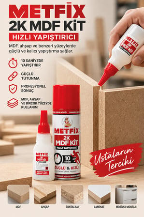 (3 Adet) Metfix Hızlı Yapıştırıcı MDF Kit 3'lü Set 200 ml 50 gr Aktivator Siyanoakrilat Yapıştırıcı