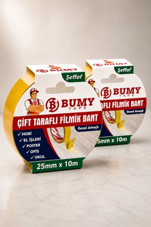 (2 ADET) Çift Taraflı Filmik Bant Şeffaf 25 mm x 10 Metre Güçlü Yapışkan Genel Amaçlı Yapıştırma Bandı Bantları