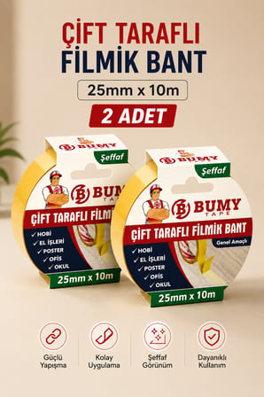 (2 ADET) Çift Taraflı Filmik Bant Şeffaf 25 mm x 10 Metre Güçlü Yapışkan Genel Amaçlı Yapıştırma Bandı Bantları