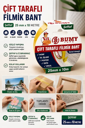 (2 ADET) Çift Taraflı Filmik Bant Şeffaf 25 mm x 10 Metre Güçlü Yapışkan Genel Amaçlı Yapıştırma Bandı Bantları