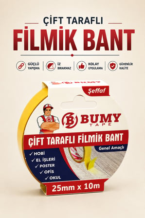Çift Taraflı Filmik Bant 25 mm x 10 Metre Şeffaf Yapışkanlı Bandları Hobi Bandı El İşi Bantları Ofis Okul