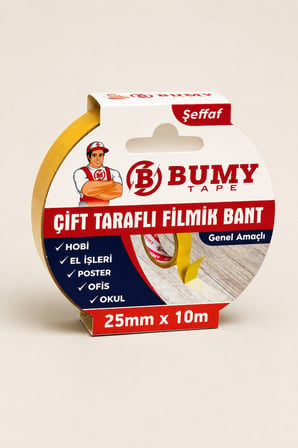 Çift Taraflı Filmik Bant 25 mm x 10 Metre Şeffaf Yapışkanlı Bandları Hobi Bandı El İşi Bantları Ofis Okul