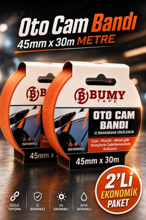 (2 ADET) Oto Araba Araç Cam 45 mm x 30 METRE Sabitleme Tamir Montaj Bandı Maskeleme Güçlü Bantı