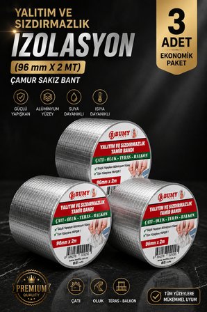 (3 ADET) Çatı İzolasyon 96 mm X 2 MT Su Sızdırmazlık Geçirmez Yalıtım Çamur Boru Tamir Bantı Bandı