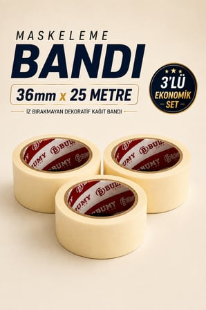 (3 ADET) Maskeleme Bandı 36 mm x 25 Metre Kağıt Bant Boya Bantları Boya Badana Dekorasyon Band
