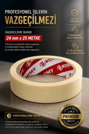 Maskeleme Boya Bandı 24 mm x 25 METRE İz Bırakmayan Dekoratif Kağıt Bantı Bantları