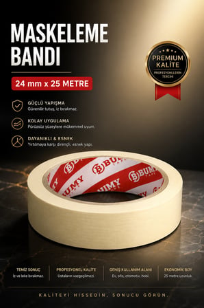 Maskeleme Boya Bandı 24 mm x 25 METRE İz Bırakmayan Dekoratif Kağıt Bantı Bantları
