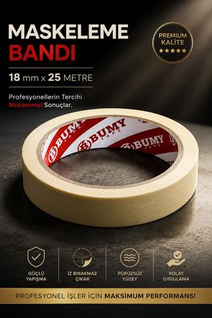 Maskeleme Boya Bandı 18 mm x 25 METRE İz Bırakmayan Dekoratif Kağıt Bantı Bantları