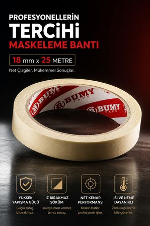 Maskeleme Boya Bandı 18 mm x 25 METRE İz Bırakmayan Dekoratif Kağıt Bantı Bantları
