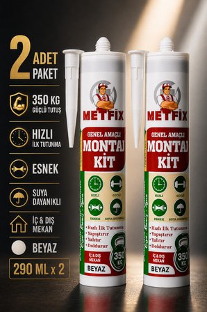 2 ADET Beyaz Genel Amaçlı Montaj Yapıştırıcısı 290 ml Banyo Dolap Fayans Mermer Korniş Evye Ayna