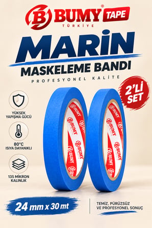 (2 Adet) Mavi Maskeleme Bandı 24 mm x 30 Metre Marin Boya Bantı Isıya Dayanıklı Bant Kağıt Bantları