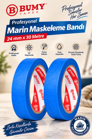 (2 Adet) Mavi Maskeleme Bandı 24 mm x 30 Metre Marin Boya Bantı Isıya Dayanıklı Bant Kağıt Bantları