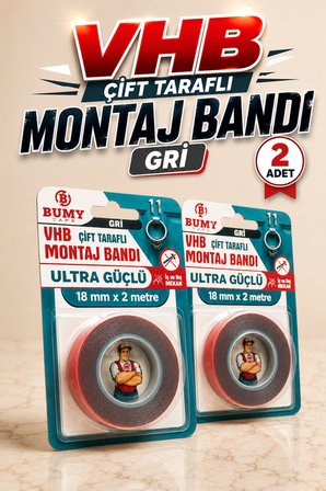 (2 ADET) VHB ULTRA GÜÇLÜ 18 mm x 2 METRE Çift Taraflı Montaj Bandı Gri Araç Ayna Plastik Metal Bantı
