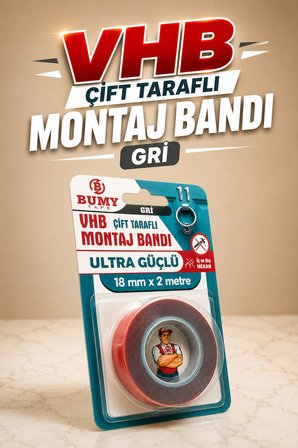 (2 ADET) VHB ULTRA GÜÇLÜ 18 mm x 2 METRE Çift Taraflı Montaj Bandı Gri Araç Ayna Plastik Metal Bantı