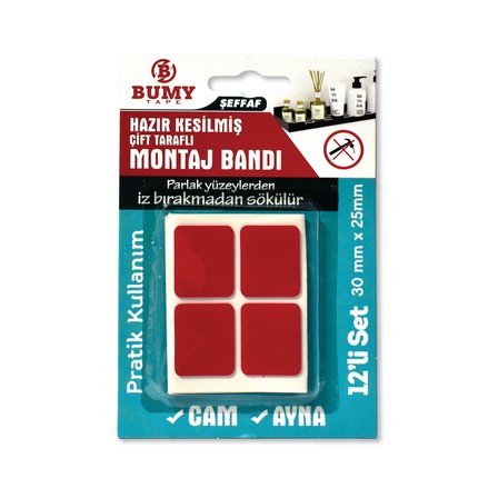 Bumy 30*25 mm  Ebatlı Çift Taraflı Montaj Bandı Şeffaf