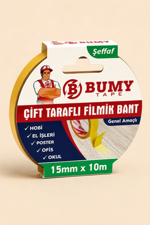 Çift Taraflı Filmik Bant 15 mm x 10 Metre Şeffaf Yapışkanlı Bandları Hobi Bandı El İşi Bantları Ofis Okul