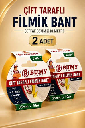 (2 ADET) 35 mm x 10 Metre Çift Taraflı Filmik Bant Şeffaf Güçlü Yapışkan Band Yapıştırma Bandı Hobi Bantları