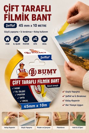 (2 ADET) Şeffaf Filmik Çift Taraflı Bant 45 mm x 10 Metre Güçlü Yapışkan Çok Amaçlı Yapıştırma Bandı Bantları