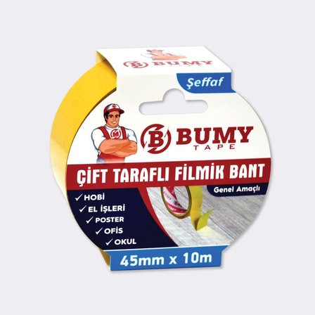 Bumy 45mm x 10mt Çift Taraflı Filmik Bant Şeffaf