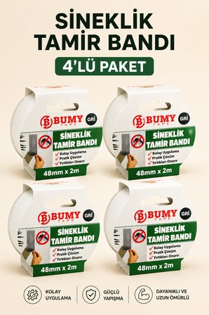 (4 ADET) GRİ Sineklik Tamir Bandı 48 mm x 2 m Kendinden Yapışkanlı Fiberglas Sineklik Yama Bandı Yırtık Onarım Filesi