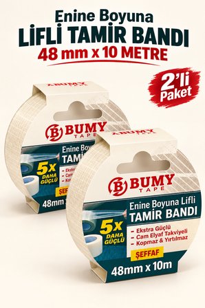 2 ADET Lifli Tamir Bandı 48 mm x 10 Metre Şeffaf Cam Elyaf Takviyeli Güçlü Fiber Tamir Bandı Bant