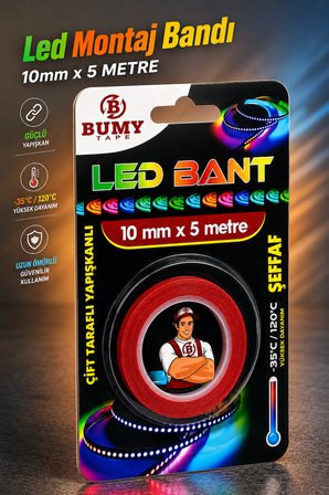 Çift Taraflı (10mm x 5 METRE) Şeffaf Güçlü LED Montaj Bandı – LED Yapıştırma Bantı Bantları Araç Oto