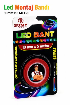 Çift Taraflı (10mm x 5 METRE) Şeffaf Güçlü LED Montaj Bandı – LED Yapıştırma Bantı Bantları Araç Oto