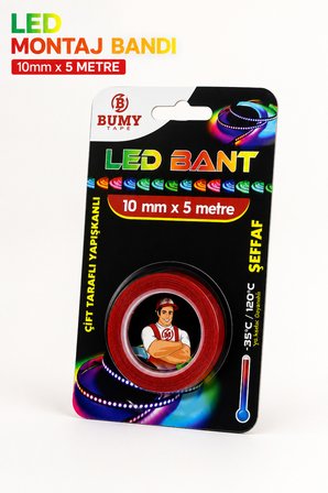 Çift Taraflı (10mm x 5 METRE) Şeffaf Güçlü LED Montaj Bandı – LED Yapıştırma Bantı Bantları Araç Oto