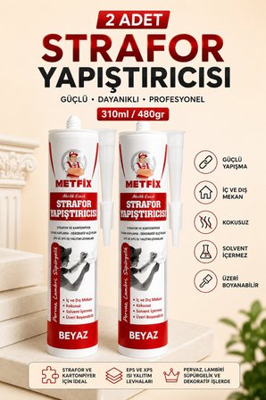2 ADET Strafor Yapıştırıcısı 310 ML Beyaz Akrilik Esaslı Kartonpiyer EPS XPS Yapıştırma Tutkalı 480 Gr