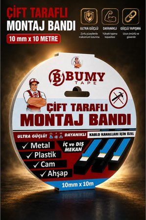 Çift Taraflı Montaj Bandı 10 mm x 10 METRE Güçlü Köpük Bantı (Kablo Kanalları İçin Özel)