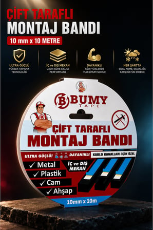 Çift Taraflı Montaj Bandı 10 mm x 10 METRE Güçlü Köpük Bantı (Kablo Kanalları İçin Özel)