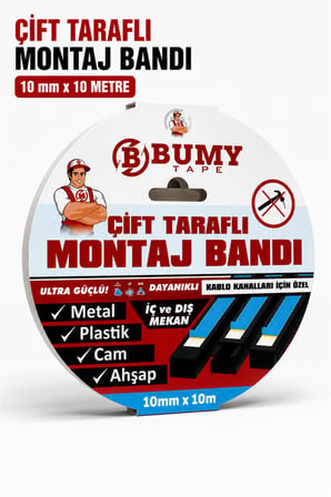 Çift Taraflı Montaj Bandı 10 mm x 10 METRE Güçlü Köpük Bantı (Kablo Kanalları İçin Özel)