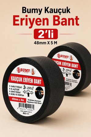 2 ADET Eriyen Bant 48 mm x 5 mt Elektrikçi Bandı Kablo Bantı Su Sızdırmaz Yapışkanlı Kauçuk Yalıtım