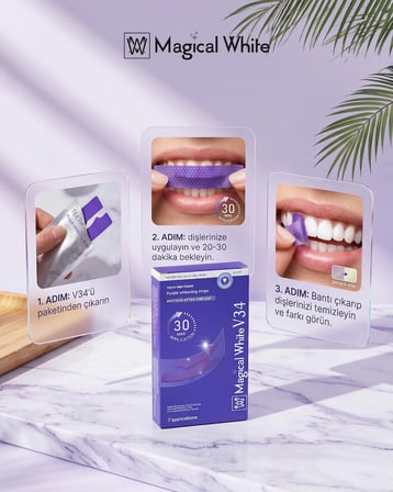 V34 Mor Diş Beyazlatma Bandı - Sarılık Karşıtı Renk Düzeltici Diş Beyazlatıcı Şerit Seti (7 paket/14 Adet)