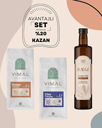 Avantajlı 3'lü set chia tohumu 500 g + keten tohumu 500 g + susam yağı 250 ml