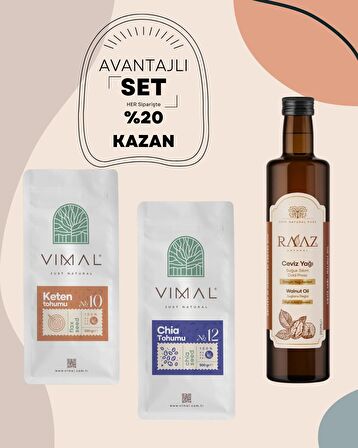 Avantajlı 3'lü set chia tohumu 500 g + keten tohumu 500 g + ceviz yağı 250 ml