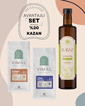 Avantajlı 3'lü set chia tohumu 500 g + keten tohumu 500 g + avokado yağı 250 ml