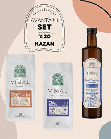 Avantajlı 3'lü set Chia Tohumu 500 g + Keten Tohumu 500 g + Çörekotu Yağı 250 ml