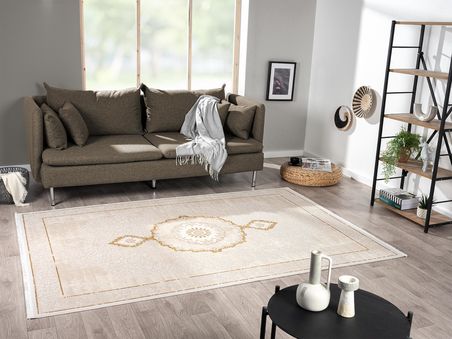 Elit El004s Krem Halı Gold Detaylı Göbekli Kenar Çerçeveli Ince Yumuşak Akrilik Tozuaz Modern Salon