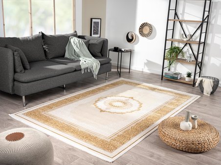 Elit El002s Krem Halı Gold Kenar Çerçeveli Göbekli Ince Yumuşak Akrilik Tozuaz Modern Salon Halısı