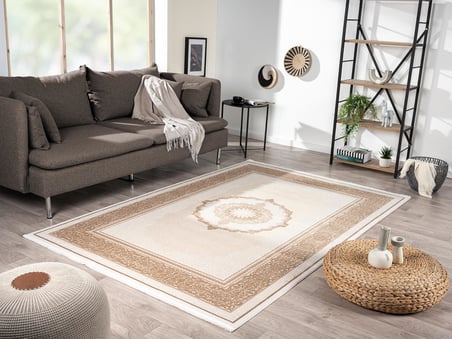 Elit El002a Krem Halı Toprak Kenar Çerçeveli Göbekli Ince Yumuşak Akrilik Tozuaz Modern Salon Halısı