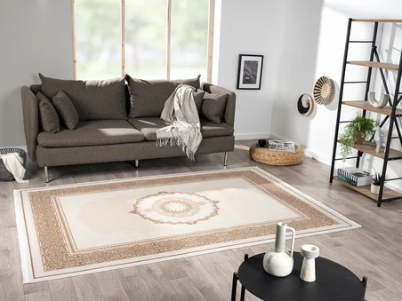 Elit El002a Krem Halı Toprak Kenar Çerçeveli Göbekli Ince Yumuşak Akrilik Tozuaz Modern Salon Halısı