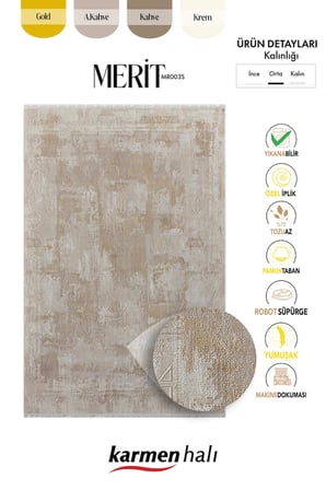 Merit Mr003s Krem Halı Gold Detaylı Ince Yumuşak Akrilik Tozuaz Modern Salon Halısı Koridor Halısı